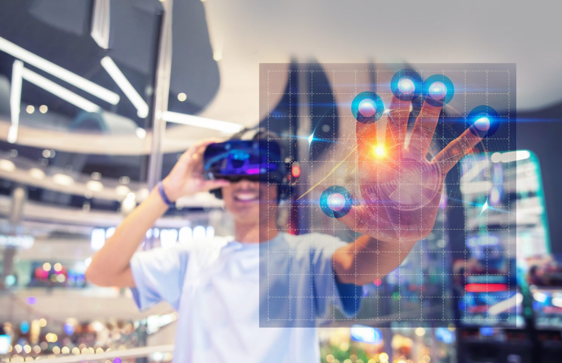 Networking/expo.
Realidad virtual en evento tecnológico. Hombre con gafas VR interactúa con interfaz digital. Innovación LATAM en conferencia.