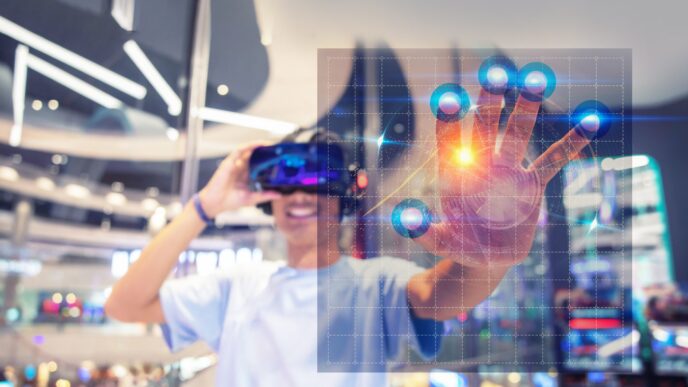 Networking/expo.
Realidad virtual en evento tecnológico. Hombre con gafas VR interactúa con interfaz digital. Innovación LATAM en conferencia.