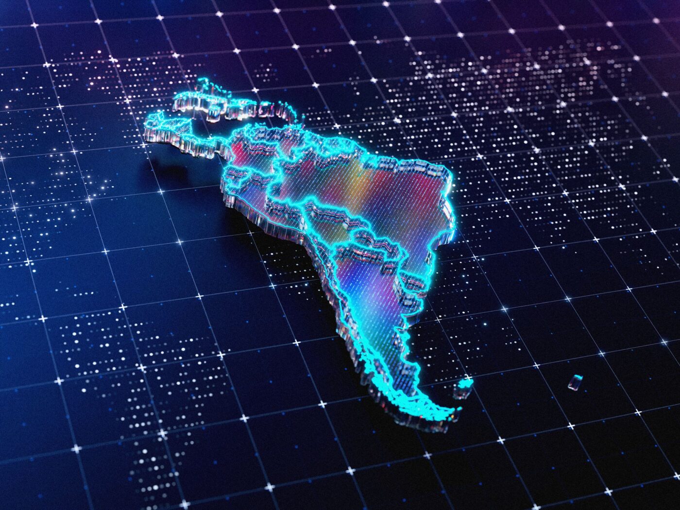 Mapa digital de Latinoamérica con contorno brillante sobre una cuadrícula de datos. Representa innovación y competitividad en el futuro laboral.