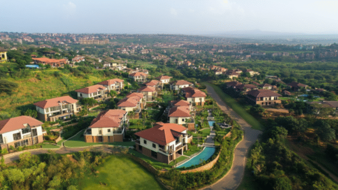 Vista aérea de inmuebles residenciales en Kenia con tejas rojas. Un ejemplo de futuro sostenible del sector inmobiliario con diseño moderno y ecológico.