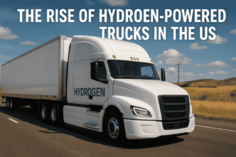 Camión blanco con la palabra "HYDROGEN" impulsado por hidrógeno, revolucionando el transporte y el real estate.  Un futuro sostenible en marcha.