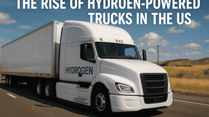 Camión blanco con la palabra "HYDROGEN" impulsado por hidrógeno, revolucionando el transporte y el real estate.  Un futuro sostenible en marcha.