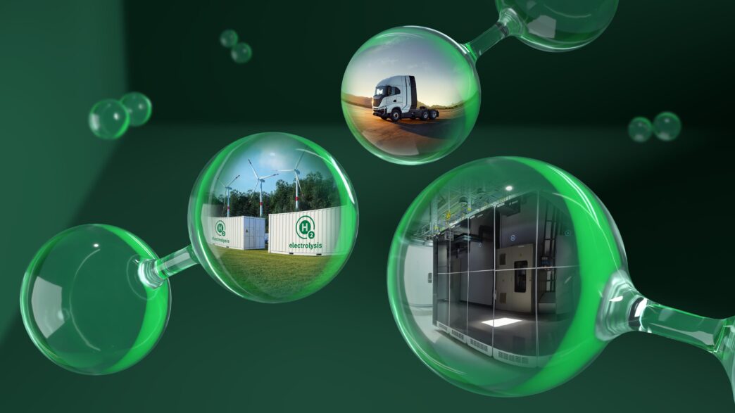 Visualización del potencial del hidrógeno en la eficiencia energética del real estate: camión, electrolisis e interior, todo en esferas verdes.