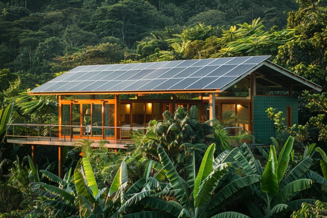 Casa sostenible con paneles solares en el tejado, rodeada de exuberante vegetación. Eficiencia energética en Real Estate para un futuro mejor.