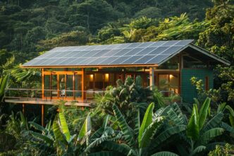 Casa sostenible con paneles solares en el tejado, rodeada de exuberante vegetación. Eficiencia energética en Real Estate para un futuro mejor.