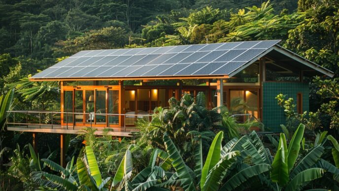 Casa sostenible con paneles solares en el tejado, rodeada de exuberante vegetación. Eficiencia energética en Real Estate para un futuro mejor.