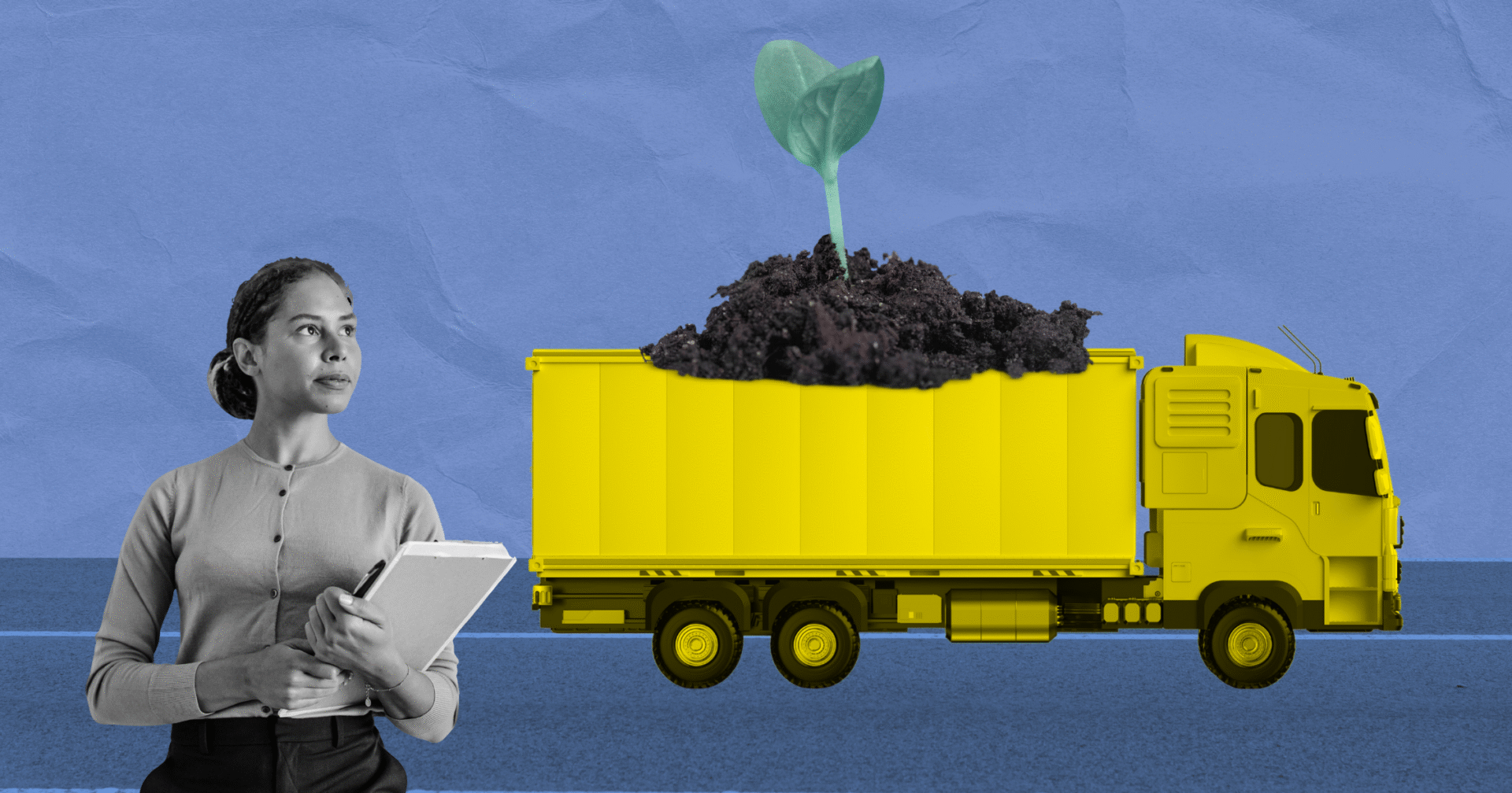Mujer con portapapeles supervisa camión amarillo cargado con tierra y planta joven, representando cadenas de suministro sostenibles en Real Estate.