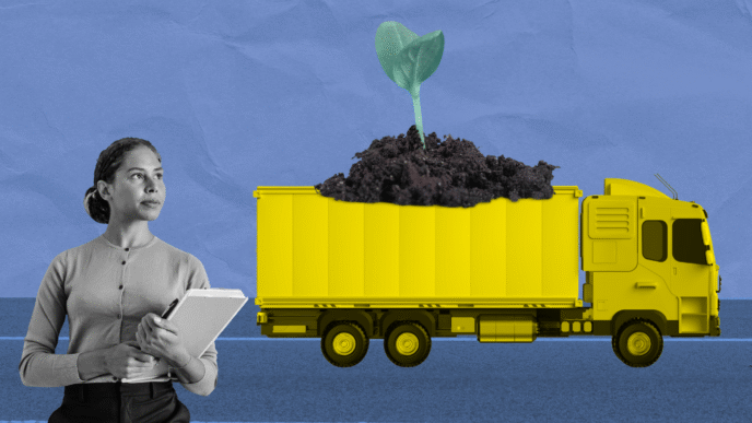 Mujer con portapapeles supervisa camión amarillo cargado con tierra y planta joven, representando cadenas de suministro sostenibles en Real Estate.