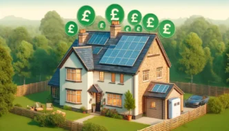 Casa con paneles solares, energía renovable y símbolos de libras esterlinas. Inversión inmobiliaria sostenible. Impacto positivo en Real Estate.