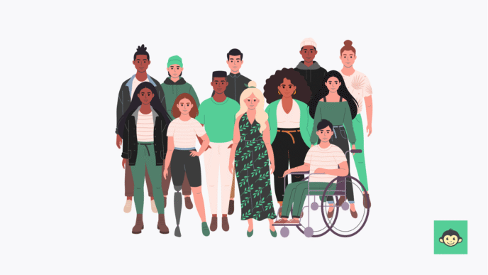 Grupo diverso promueve desarrollos integrales e inclusivos. Personas de diferentes etnias, habilidades y géneros creando comunidades unidas y equitativas.