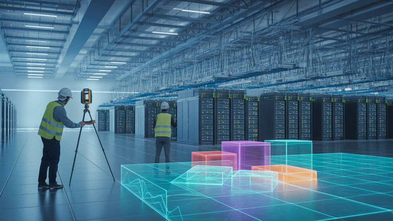 Ingenieros usando escáner láser 3D en centro de datos hyperscale. Visualización digital de datos en primer plano. Impacto del escaneo láser.