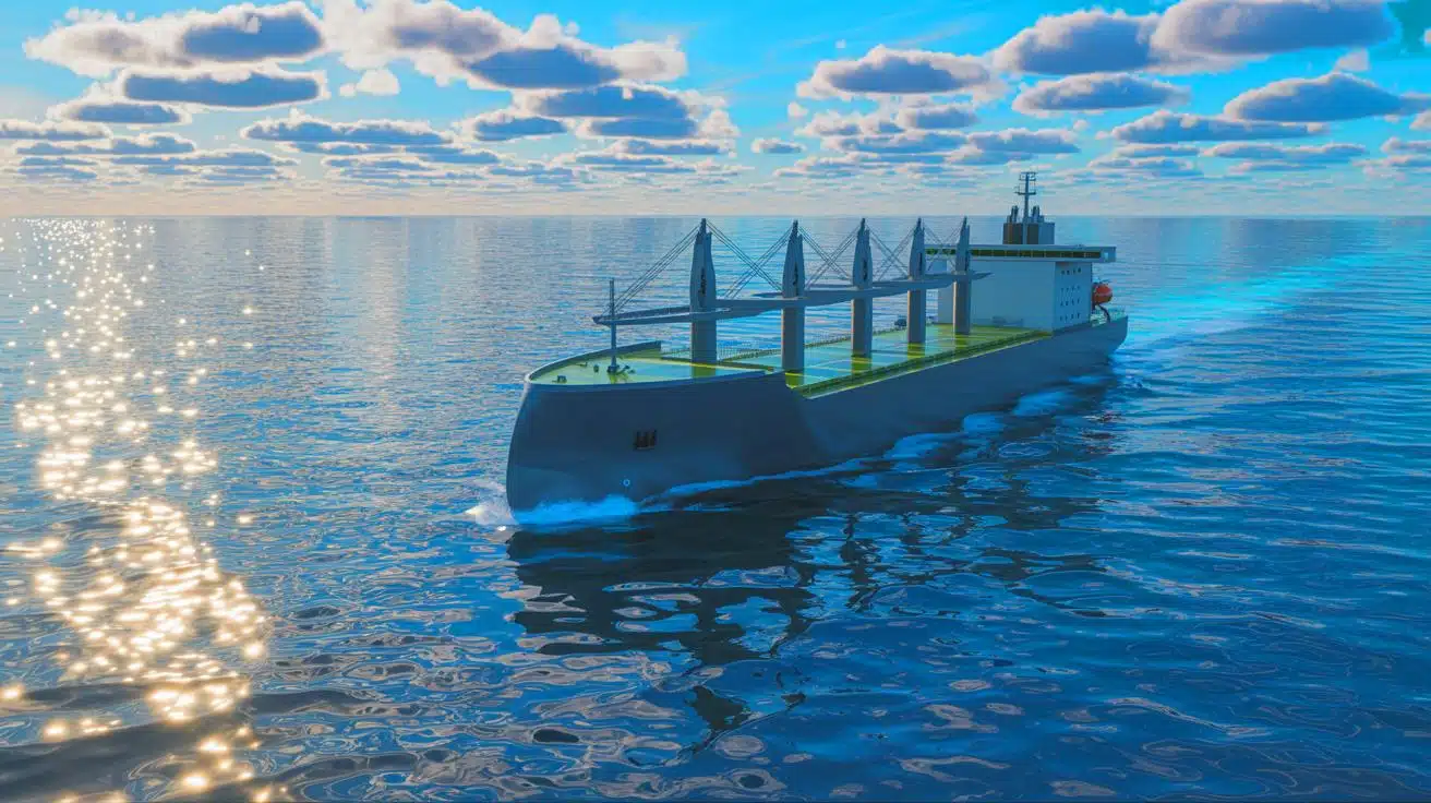 Buque de carga en el mar bajo cielo azul, impulsado por hidrógeno para transporte marítimo sostenible. Sol reflejado. Impacto del hidrógeno.
