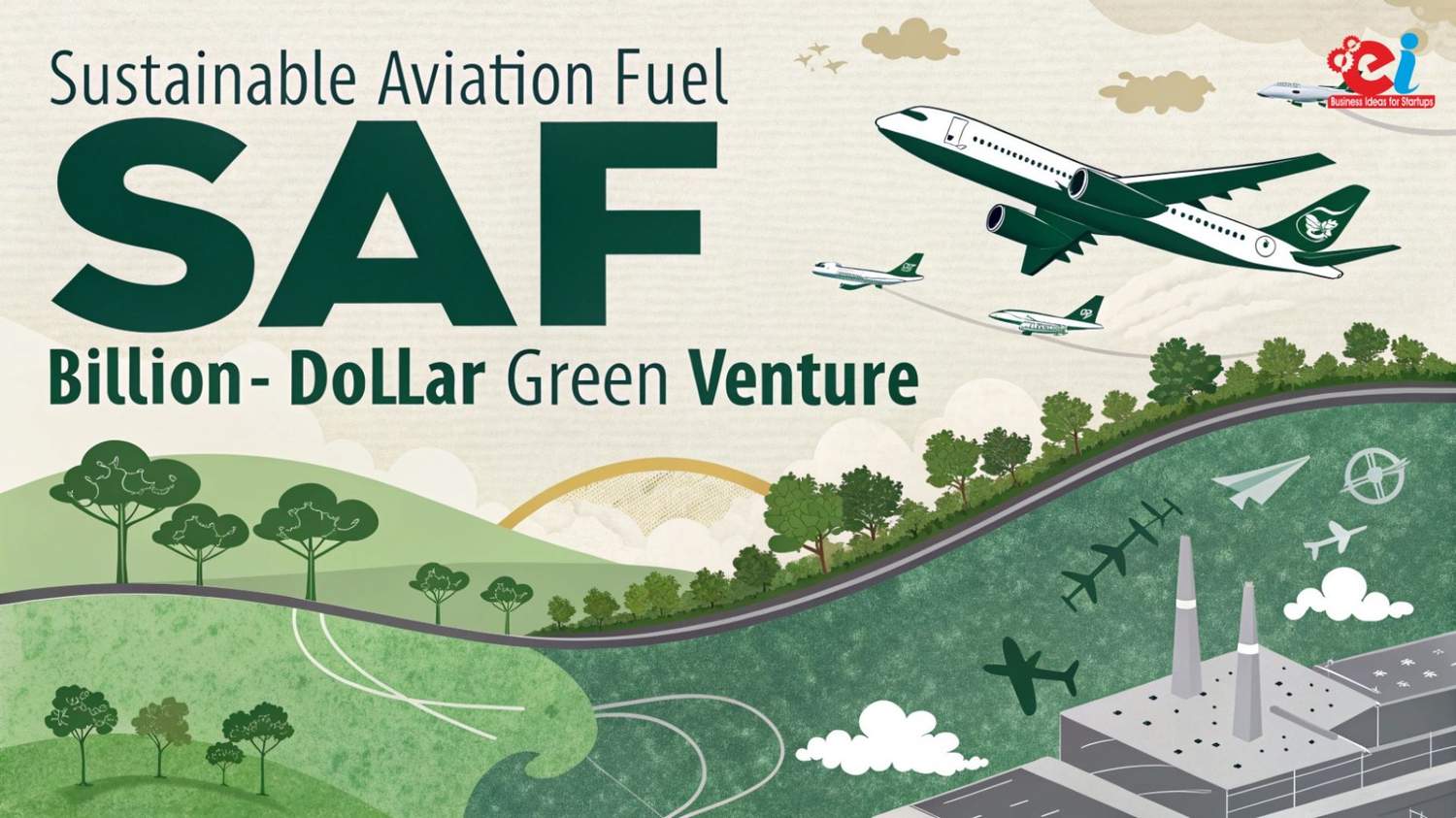 Ilustración del Impacto del SAF: Combustible de Aviación Sostenible, promoviendo la sostenibilidad inmobiliaria con aviones y fábricas ecológicas.