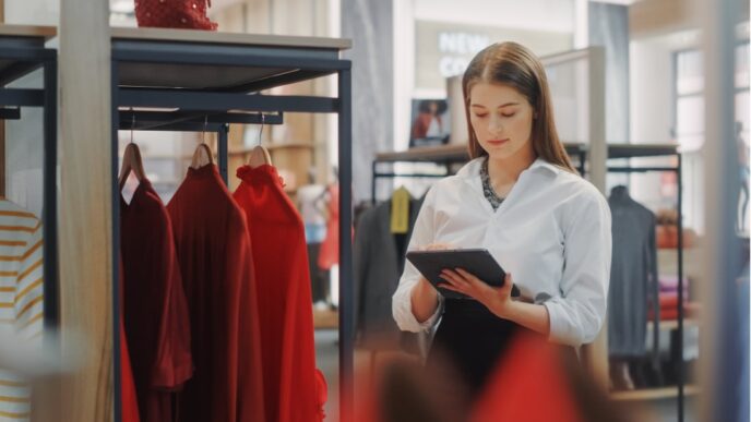 Mujer gestionando inventario retail en tienda de ropa con tablet. Regreso retail: elevando negocio marca y real estate a otro nivel con tecnología.