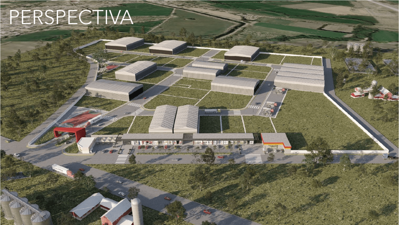 Perspectiva aérea del Parque Industrial El Roble en GDL. Naves industriales, áreas verdes y diseño moderno resaltan la innovación del proyecto.