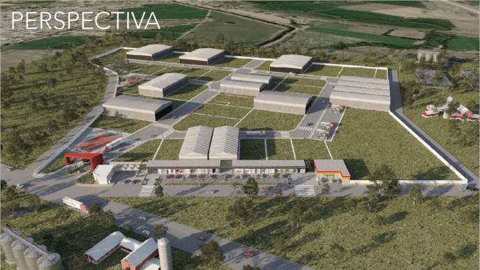 Perspectiva aérea del Parque Industrial El Roble en GDL. Naves industriales, áreas verdes y diseño moderno resaltan la innovación del proyecto.
