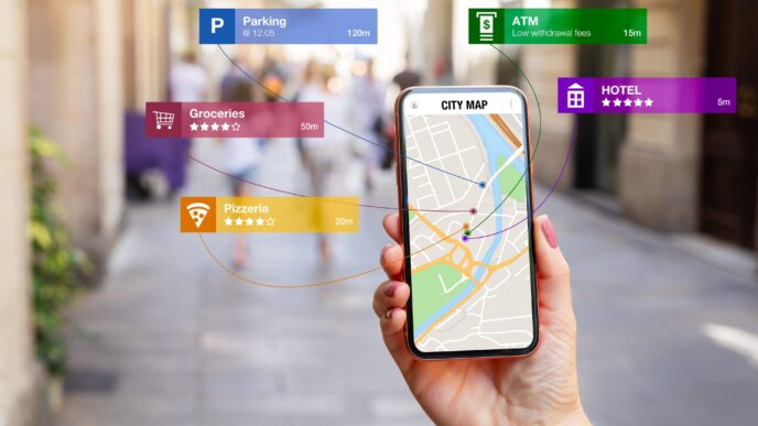 venue/architecture
Mujer usa mapa digital en móvil, muestra ubicación de hotel y pizzeria. Smart Tourism Destination en Inmobiliare Summits LATAM.