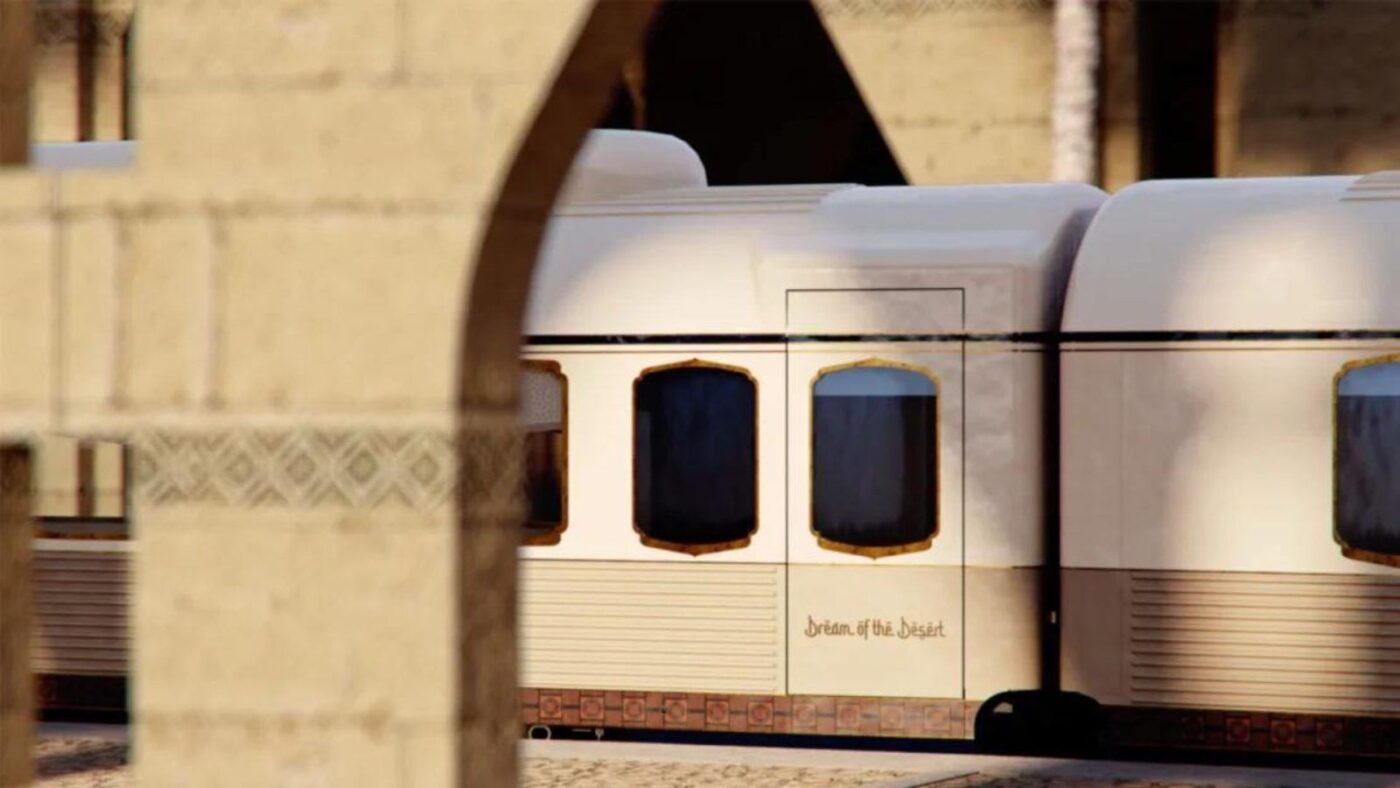 Vista del tren de lujo en Arabia Saudí, reflejando la arquitectura y el diseño exclusivo del 'Dream of the Desert'. Un viaje inolvidable.