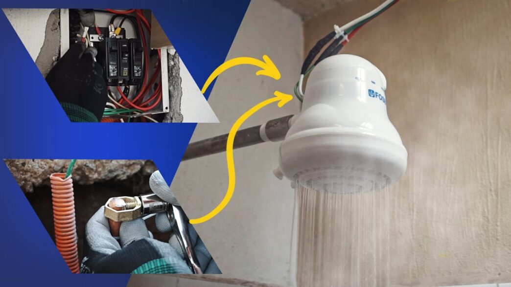 Instalación de ducha eléctrica: electricista conecta cables y tuberías. Fontanería y electricidad en inmuebles de LATAM.