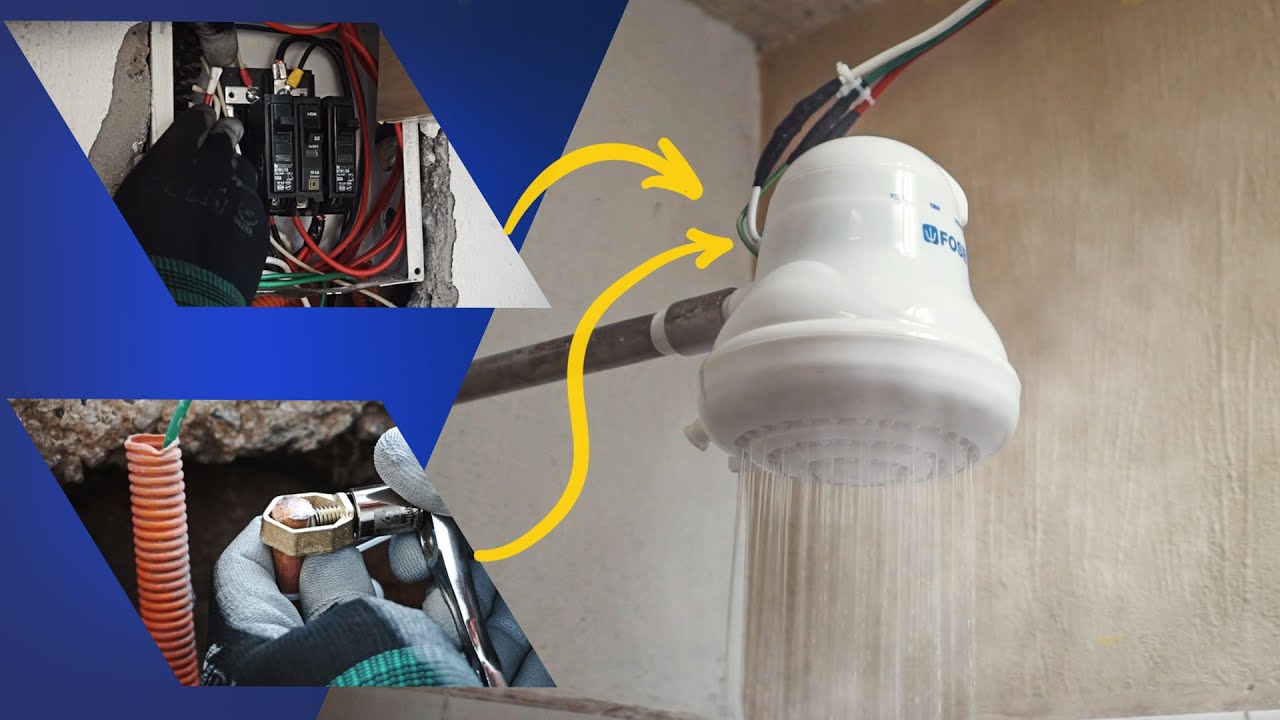 Instalación de ducha eléctrica: electricista conecta cables y tuberías. Fontanería y electricidad en inmuebles de LATAM.