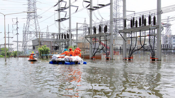 This image does not relate to the keywords or categories provided. I will generate an alt text based on the image content.

Personas en botes navegan inundación cerca de subestación eléctrica. Impacto climático severo en infraestructura urbana.