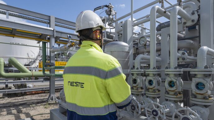 Trabajador inspecciona electrolizador SOEC en refinería de Rotterdam. Impulso verde con tecnología Neste, tuberías e infraestructura industrial visible.