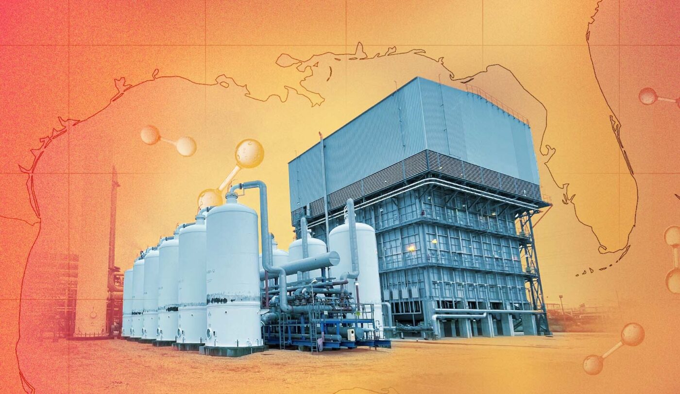 Instalación de electrolizadores para hidrógeno limpio con mapa de la costa del Golfo. Impacto en el Real Estate y construcción sostenible, energía limpia.