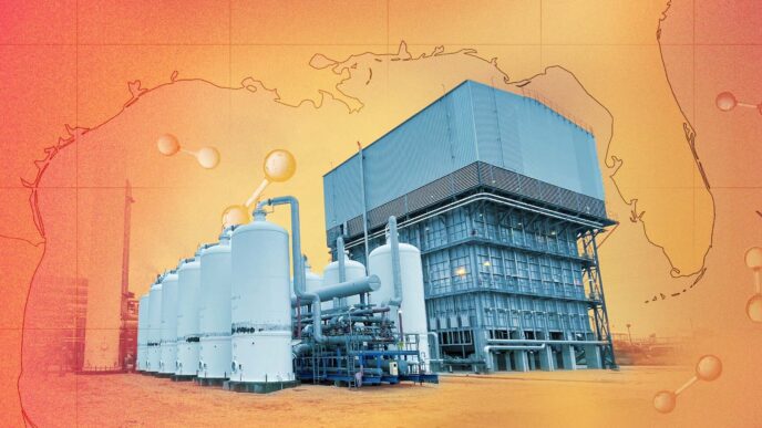 Instalación de electrolizadores para hidrógeno limpio con mapa de la costa del Golfo. Impacto en el Real Estate y construcción sostenible, energía limpia.