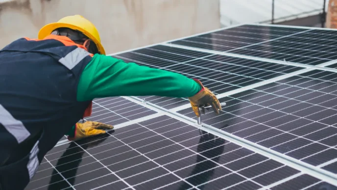 Instalación de paneles solares fotovoltaicos en Chedraui por Energía Real. Técnico con casco amarillo ajustando paneles. Energía renovable en tiendas.