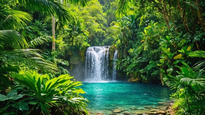 Cascada turquesa en exuberante selva tropical dominicana. Fomenta turismo sostenible y energía renovable en República Dominicana, atrayendo visitantes.