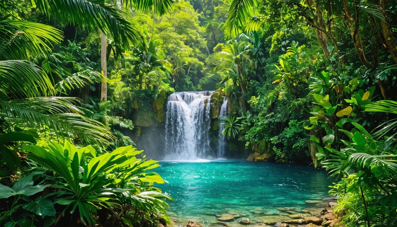 Cascada turquesa en exuberante selva tropical dominicana. Fomenta turismo sostenible y energía renovable en República Dominicana, atrayendo visitantes.