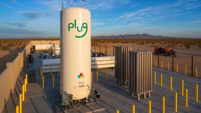 Instalación de Plug Power en Nevada impulsando la energía renovable con tanques de hidrógeno y equipos industriales en un paisaje desértico.