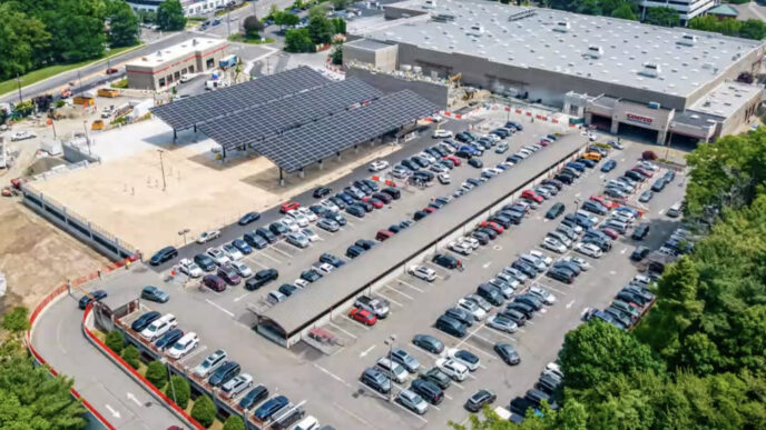 Vista aérea de Costco con estacionamiento cubierto por paneles solares. Energía solar transformando la eficiencia en almacenes de Costco, sostenible.