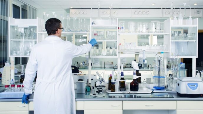 Investigador en laboratorio farmacéutico, parte de la infraestructura de energía verde, manipulando equipo. Acuerdo innovador para sostenibilidad.