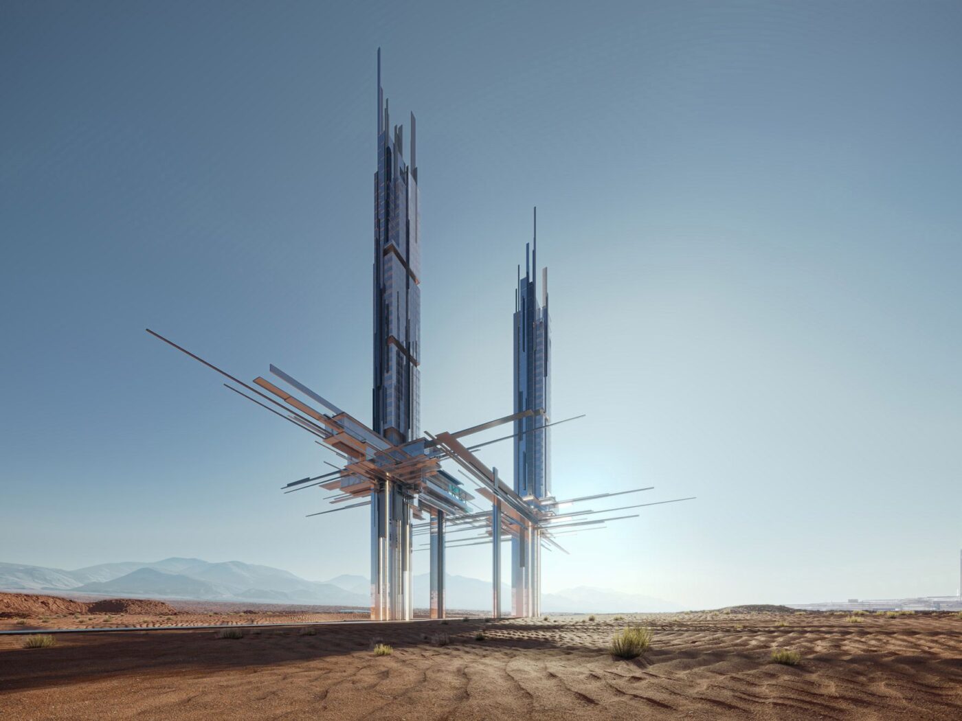 Vista futurista de Epicon, rascacielos de NEOM, emerge en el desierto. Diseño arquitectónico vanguardista con estructuras metálicas y reflejos de luz.