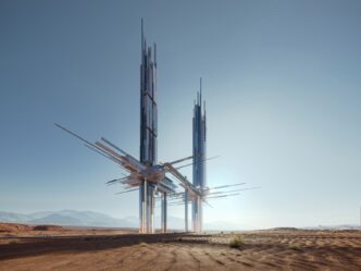 Vista futurista de Epicon, rascacielos de NEOM, emerge en el desierto. Diseño arquitectónico vanguardista con estructuras metálicas y reflejos de luz.