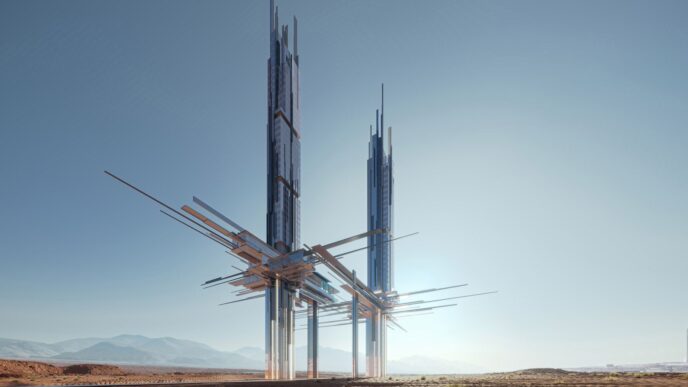 Vista futurista de Epicon, rascacielos de NEOM, emerge en el desierto. Diseño arquitectónico vanguardista con estructuras metálicas y reflejos de luz.