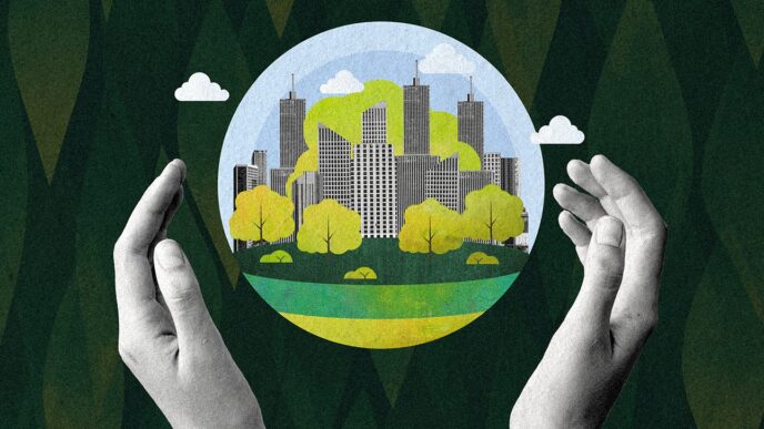 Ilustración de manos sosteniendo una ciudad dentro de un círculo, representando inversión ESG y acceso a un futuro sostenible y responsable.