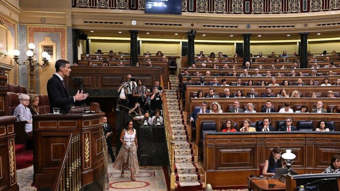 Venue/architecture.

Pedro Sánchez, orador, en el Congreso de los Diputados. El recinto legislativo acoge debates y sesiones parlamentarias. España.