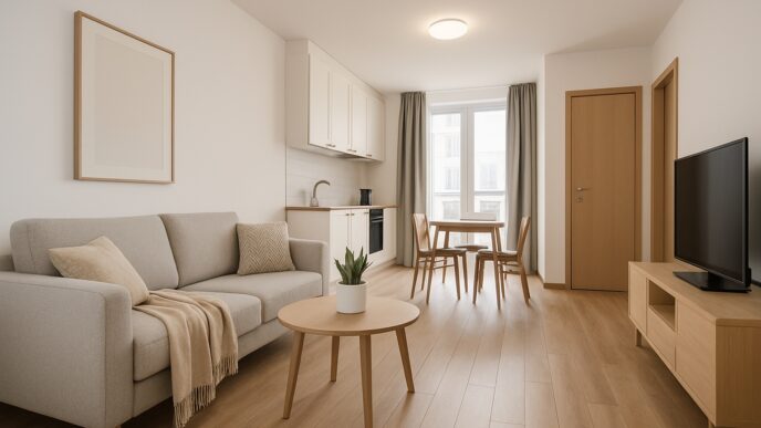 venue/architecture

Interior de un apartamento tipo estudio. Diseño moderno con cocina, sala de estar y comedor. Ideal para inversión en real estate.