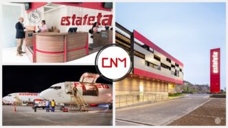 Montaje de Estafeta: Oficinas, empleados, avión y logotipo. Inversión récord 2022, consolidando liderazgo en paquetería y logística nacional.