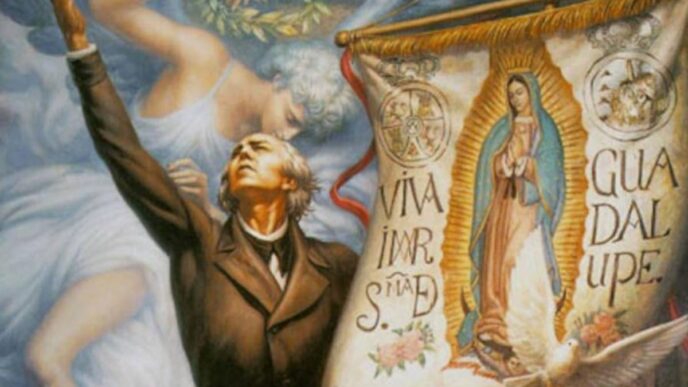 Celebración del Día de la Santa Cruz en la construcción: Imagen de un mural con la Virgen de Guadalupe y un hombre con la mano levantada.