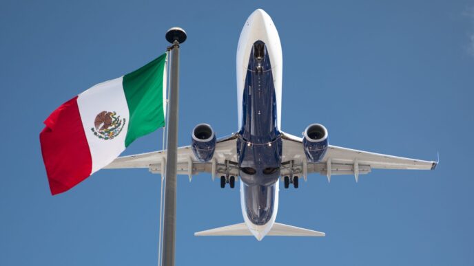 Avión sobrevolando la bandera de México, aerolíneas preferidas en México según Sectur, cielo azul. Resalta el orgullo y el turismo aéreo mexicano.