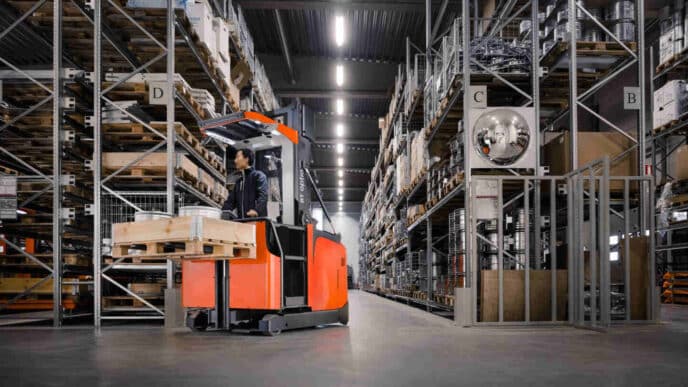 venue/architecture

Interior de planta industrial de Grupo Fives en Ramos Arizpe, México. Almacén con estanterías metálicas y montacargas.