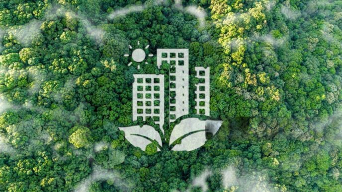 Real Estate sostenible: Ícono de edificios blancos con hojas sobre un frondoso bosque verde. Simboliza estrategias de sostenibilidad en el sector.