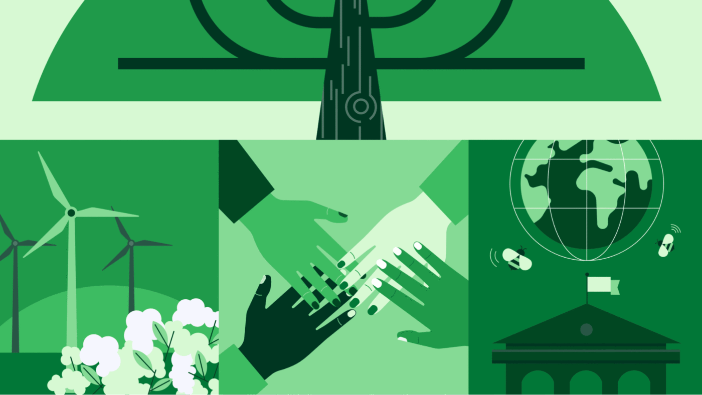 Ilustración de estrategias ESG en Real Estate: árbol, manos unidas, molinos, planeta y gobierno verde. Impulso a modelos verdes y sostenibles.