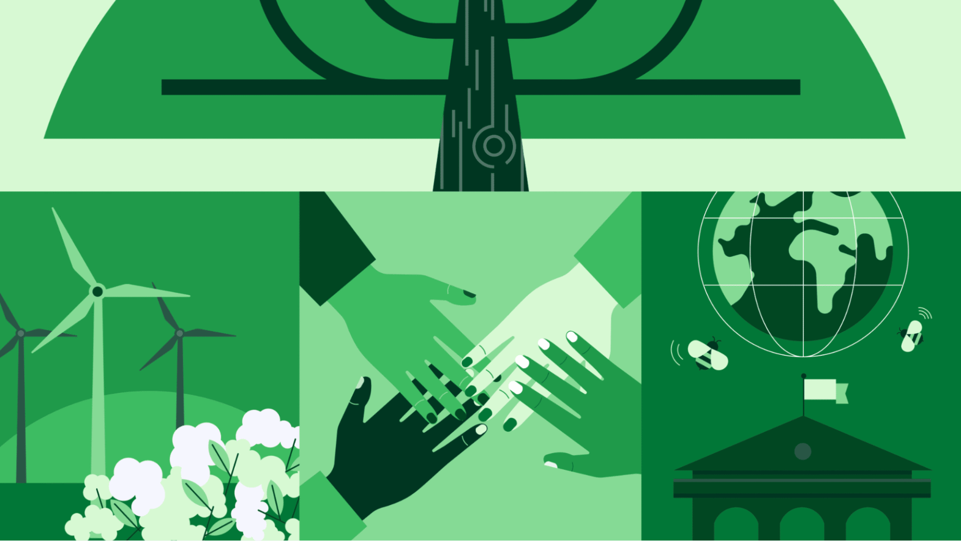 Ilustración de estrategias ESG en Real Estate: árbol, manos unidas, molinos, planeta y gobierno verde. Impulso a modelos verdes y sostenibles.