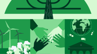 Ilustración de estrategias ESG en Real Estate: árbol, manos unidas, molinos, planeta y gobierno verde. Impulso a modelos verdes y sostenibles.