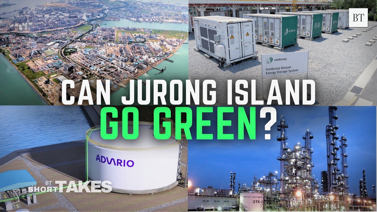 Jurong Island: Estrategias verdes con plantas industriales, almacenamiento de energía y tanques. Sostenibilidad y crecimiento en un entorno industrial.