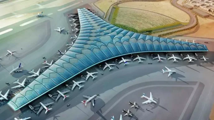 Representación arquitectónica del Aeropuerto de Monterrey, con aviones estacionados. Fibra Macquarie invierte en terrenos cercanos.
